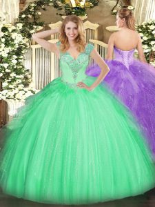 Apple Green V-neck Neckline Beading 15th Birthday Dress Sleeveless Lace Up