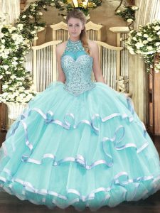 Luxury Sleeveless Floor Length Beading and Ruffled Layers Lace Up Vestidos de Quinceanera with Apple Green