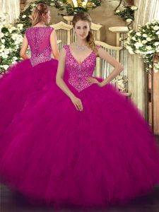 Eye-catching Fuchsia Ball Gowns V-neck Sleeveless Tulle Floor Length Zipper Beading and Ruffles Ball Gown Prom Dress