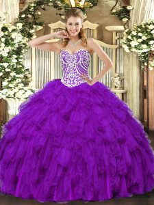 Modern Beading and Ruffles 15th Birthday Dress Purple Lace Up Sleeveless Floor Length