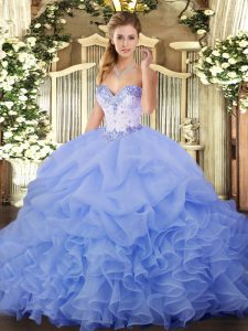 Beautiful Sweetheart Sleeveless Sweet 16 Quinceanera Dress Floor Length Beading and Ruffles and Pick Ups Lavender Organza