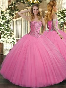 Classical Rose Pink Ball Gowns Sweetheart Sleeveless Tulle Floor Length Lace Up Beading Quince Ball Gowns