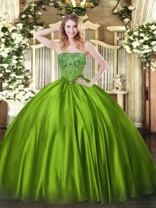 Fabulous Ball Gowns Quinceanera Gowns Olive Green Strapless Satin Sleeveless Floor Length Lace Up