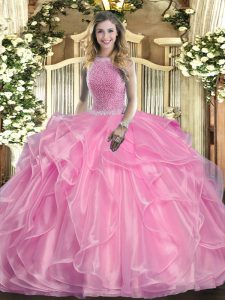 High-neck Sleeveless Organza 15 Quinceanera Dress Beading and Ruffles Lace Up