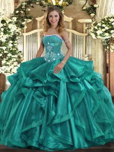 Traditional Turquoise Ball Gowns Strapless Sleeveless Organza Floor Length Lace Up Beading and Ruffles Quince Ball Gowns