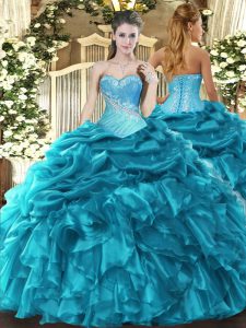 Designer Teal Organza Lace Up Quince Ball Gowns Sleeveless Floor Length Beading and Ruffles and Pick Ups