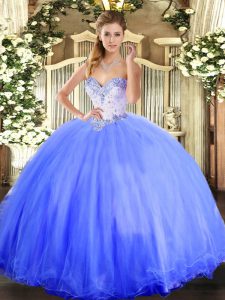 Blue Tulle Lace Up Sweetheart Sleeveless Floor Length Sweet 16 Quinceanera Dress Beading