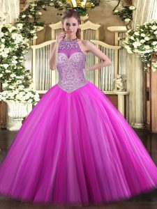 Fuchsia Tulle Lace Up Quinceanera Dresses Sleeveless Floor Length Beading