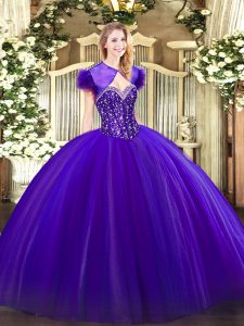 Attractive Purple Lace Up Sweetheart Beading Quince Ball Gowns Tulle Sleeveless