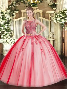 Floor Length Coral Red Vestidos de Quinceanera Tulle Sleeveless Beading and Appliques