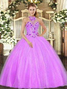 Lilac Lace Up Halter Top Embroidery Quince Ball Gowns Tulle Sleeveless