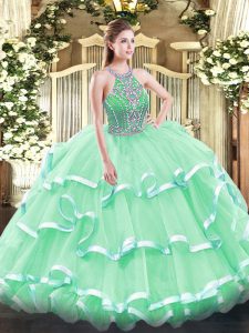 Tulle Halter Top Sleeveless Lace Up Beading and Ruffled Layers Quinceanera Dress in Apple Green