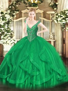 Floor Length Green Sweet 16 Dresses Tulle Sleeveless Beading and Ruffles