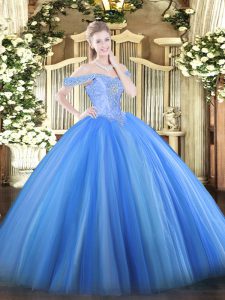 Exquisite Ball Gowns Ball Gown Prom Dress Baby Blue Off The Shoulder Tulle Sleeveless Floor Length Lace Up