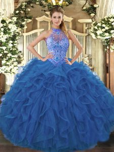 Halter Top Sleeveless Organza Quinceanera Gown Beading and Embroidery and Ruffles Lace Up