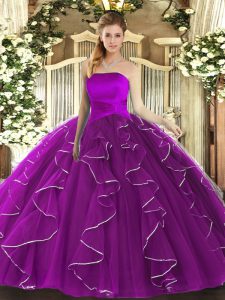 Most Popular Strapless Sleeveless Lace Up Sweet 16 Dress Purple Tulle