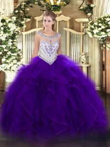 Adorable Floor Length Purple 15 Quinceanera Dress Tulle Sleeveless Beading and Ruffles