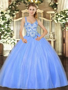 Fashion Baby Blue Organza Lace Up Straps Sleeveless Floor Length Sweet 16 Quinceanera Dress Beading and Appliques