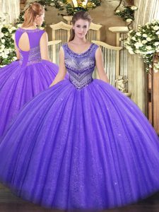 Attractive Lavender Lace Up Scoop Beading Ball Gown Prom Dress Tulle Sleeveless