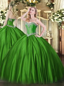 Floor Length Lace Up Quinceanera Dresses Green for Military Ball and Sweet 16 and Quinceanera with Beading