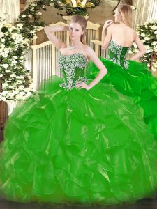 Organza Strapless Sleeveless Lace Up Beading and Ruffles Ball Gown Prom Dress in Green