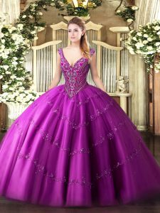 Fancy Ball Gowns Quinceanera Gowns Fuchsia V-neck Tulle Sleeveless Floor Length Lace Up