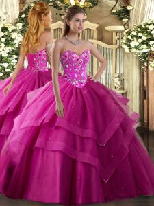 Customized Floor Length Lace Up Quinceanera Dress Fuchsia for Military Ball and Sweet 16 and Quinceanera with Embroidery and Ruffled Layers