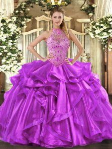 Ideal Purple Ball Gowns Beading and Embroidery and Ruffles Sweet 16 Dresses Lace Up Organza Sleeveless Floor Length