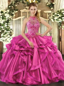 Sleeveless Floor Length Beading and Embroidery and Ruffles Lace Up Quinceanera Dresses with Fuchsia