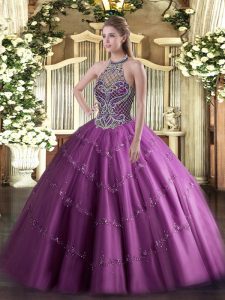 Spectacular Lilac Tulle Lace Up Halter Top Sleeveless Floor Length Quince Ball Gowns Beading