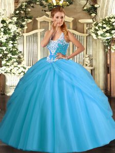 Sophisticated Aqua Blue Straps Lace Up Beading and Pick Ups 15 Quinceanera Dress Sleeveless