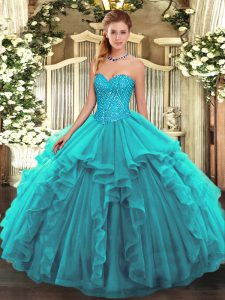 Teal Lace Up Vestidos de Quinceanera Beading and Ruffles Sleeveless Floor Length