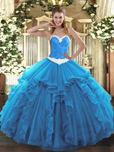 Baby Blue Organza Lace Up Quince Ball Gowns Sleeveless Floor Length Appliques and Ruffles