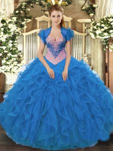 Excellent Blue Organza Lace Up Quinceanera Dress Sleeveless Floor Length Beading and Ruffles