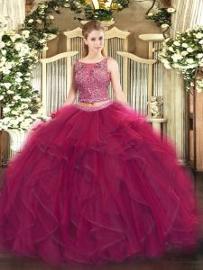 Cute Beading and Ruffles Quinceanera Gowns Fuchsia Lace Up Sleeveless Floor Length