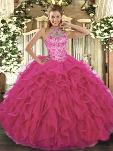 Delicate Hot Pink Lace Up Quince Ball Gowns Beading and Embroidery Sleeveless Floor Length