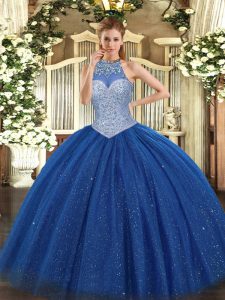 Royal Blue Quinceanera Gown Military Ball and Sweet 16 and Quinceanera with Beading Halter Top Sleeveless Lace Up