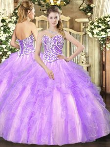 Most Popular Lavender Sleeveless Floor Length Beading and Ruffles Lace Up Ball Gown Prom Dress