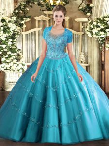 Romantic Aqua Blue Tulle Clasp Handle Scoop Sleeveless Floor Length Sweet 16 Dress Beading and Appliques