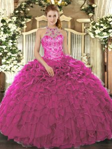 Fuchsia Sleeveless Beading and Ruffles Floor Length Vestidos de Quinceanera