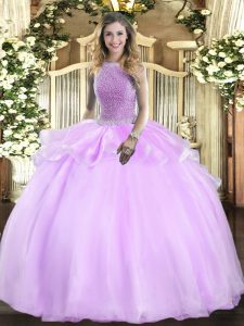 Floor Length Lilac Quinceanera Dress High-neck Sleeveless Lace Up