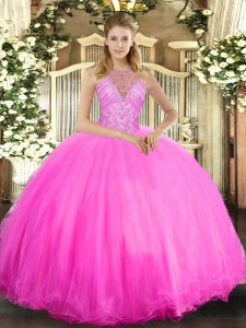 Rose Pink Halter Top Neckline Beading Quinceanera Dresses Sleeveless Lace Up