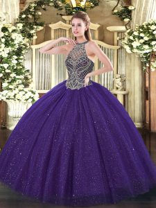 Fitting Purple Tulle Lace Up Quinceanera Gowns Sleeveless Floor Length Beading