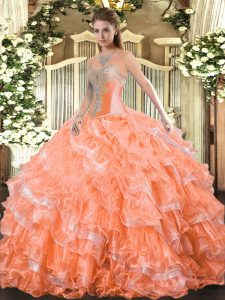 Floor Length Orange Red Quinceanera Gowns Organza Sleeveless Beading and Ruffled Layers