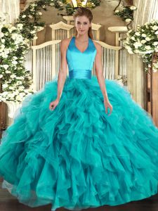 Ball Gowns Sweet 16 Quinceanera Dress Turquoise Halter Top Organza Sleeveless Floor Length Lace Up