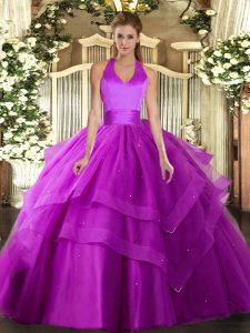 Fuchsia Ball Gowns Ruffled Layers Vestidos de Quinceanera Lace Up Tulle Sleeveless Floor Length