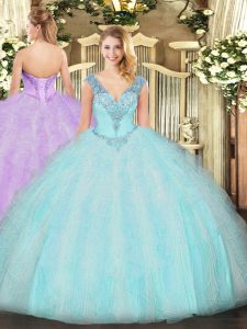 Ruffles Quince Ball Gowns Aqua Blue Lace Up Sleeveless Floor Length