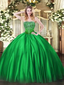 Super Green Satin Lace Up Quinceanera Dress Sleeveless Floor Length Beading