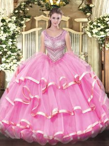 Sleeveless Lace Up Floor Length Beading and Ruffles 15th Birthday Dress