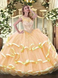 Dramatic Peach Organza Zipper Quince Ball Gowns Sleeveless Floor Length Beading and Ruffled Layers